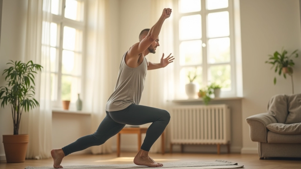 Pessoa em roupa de treino fazendo alongamento na sala com luz natural
