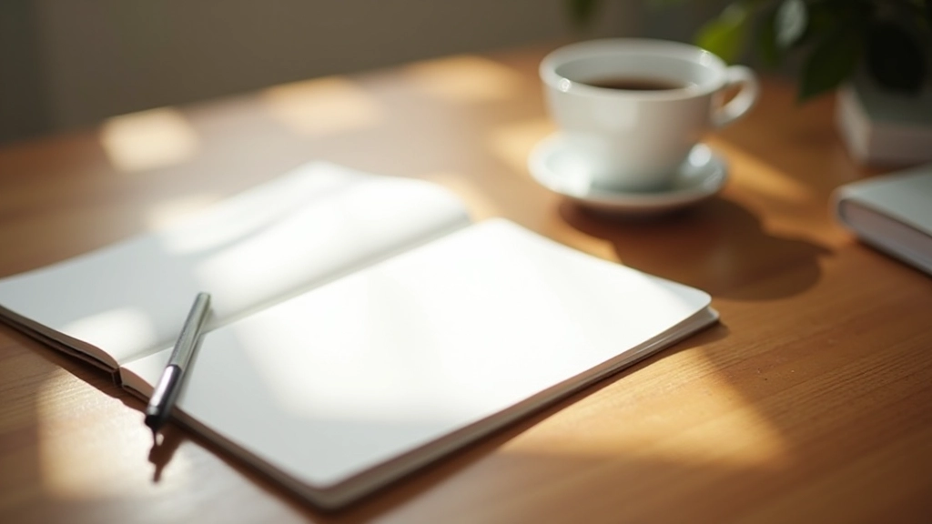 Caderno de anotações matinais com café numa mesa