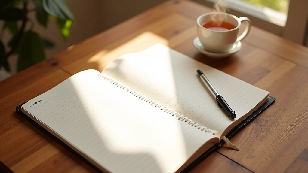 Notebook aberto na mesa com caneta e xícara de chá pela manhã
