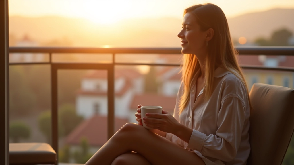 Pessoa tomando café na varanda ao amanhecer com vista para a cidade